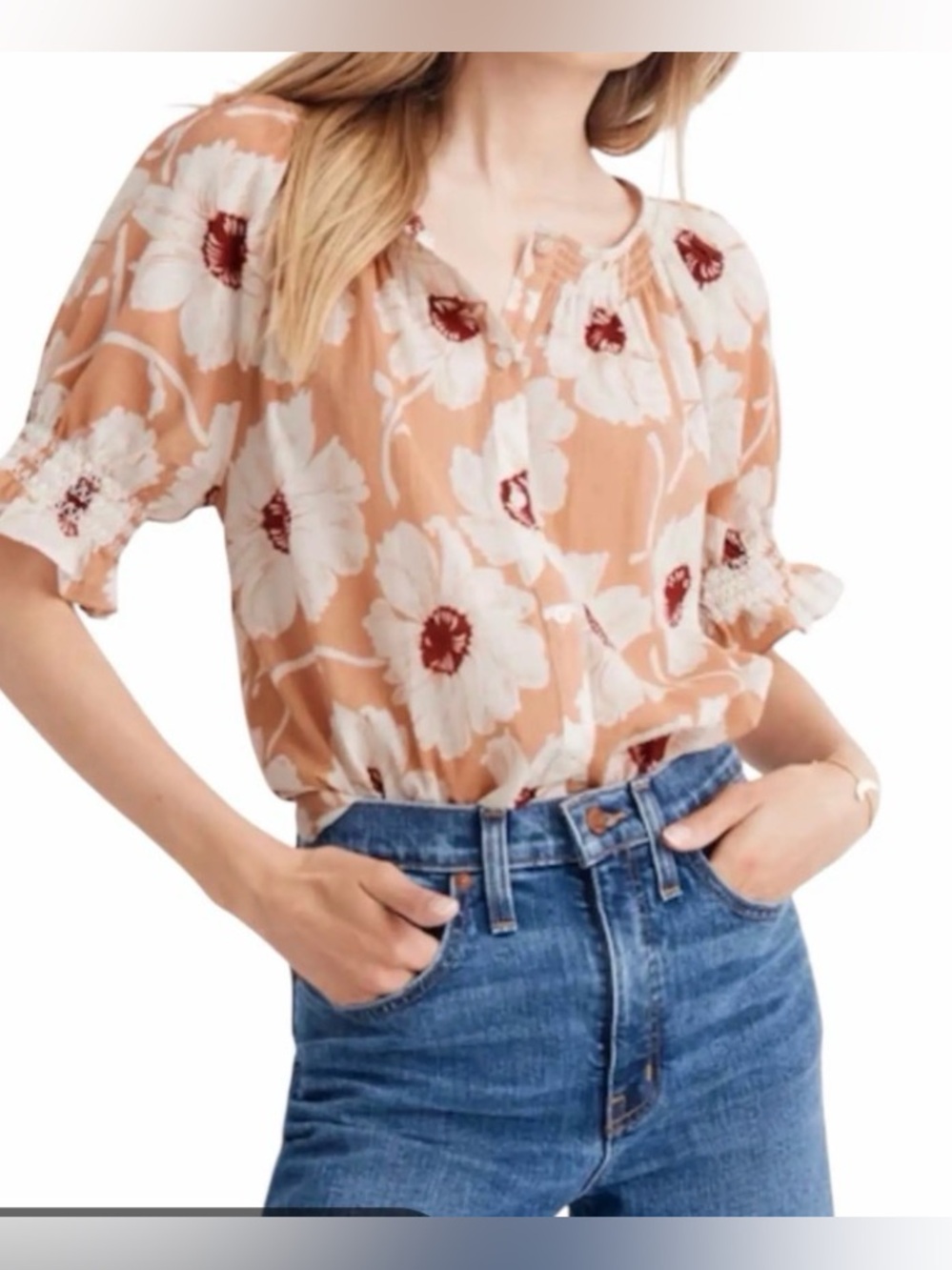 Madewell- 100% Cotton Floral Short-Sleeve Button Front Blouse. Size XL